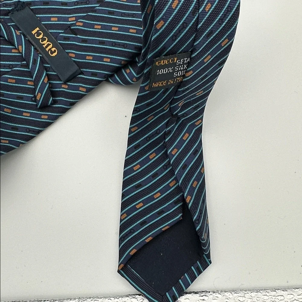 Gucci Vintage Silk Printed Tie Blue Black 57” Long